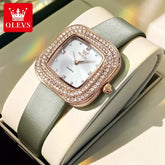 Luxury Women's Watch – Diamond Square Dial, Waterproof Leather Strap - Himpall